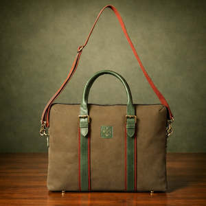 Porte-documents classique en toile pour ordinateur portable, couleur olive, sac de bureau professionnel durable avec poignées en cuir, bandoulière, grande capacité - Product Image 4