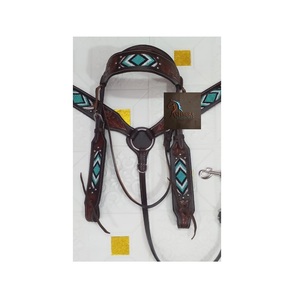 Western Brown <b>Leather</b> Breast Collar & Bridle Set Turquoise Beaded Diamond Design Hand Tooled Horse Tack Gear - Product Image 2