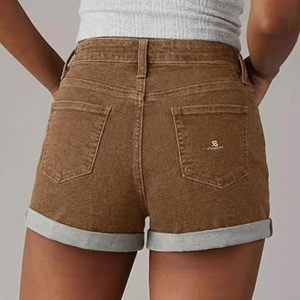 Short en jean marron taille haute pour femme, couleur unie, décontracté, pour l'été, fermeture boutonnée, coupe classique, finition délavée 2026 - Product Image 4