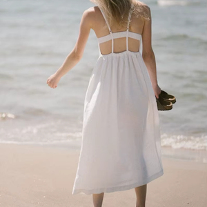 Vestido Largo de Playa para Mujer, Blanco, 100% Lino, Cuello Halter, Sin Mangas, Tirantes Finos, Corte A, para Vacaciones de Verano - Product Image 1