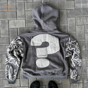 Custom French Cotton Woven Winter <b>Hoodie</b> Distressed 3D Printed Digital <b>Oversized</b> Acid Wash Boxy <b>Long</b> Hooded XL Size Rhinestone - Product Image 3