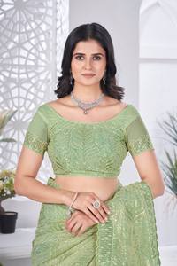 Green Embroidered <b>Tissue</b> Net Saree Blouse Women Traditional <b>Wedding</b> Wear India Pakistan Style Floor-Length Regular Fit Quick Dry - Product Image 2