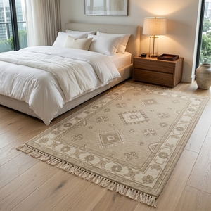 Beige Wool/Cotton Persian Style Floral Pattern Area Rug Soft Fringe Non-Slip <b>Washable</b> Floor Mat Home Decor - Product Image 3