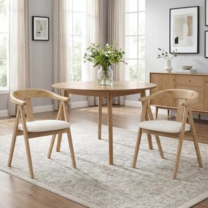 Scandinavian Solid Wood <b>Round</b> Folding Dining <b>Table</b> With Arm Chairs Modern Design Comfortable Seating Light Wood Finish - Product Image 1