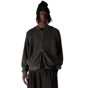 Chaqueta Bomber de Punto Acanalado Negra Lavada para Hombre, Chaqueta Bomber Casual con Cremallera, Puños y Dobladillo Acanalados, Chaqueta de Moda - Product Image 5