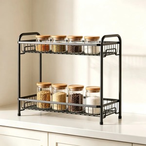 Space Saving Black Metal 2 Layer <b>Storage</b> <b>Rack</b> Suitable For Spices Oils Condiments And <b>Kitchen</b> Essentials Handcrafted From India - Product Image 2