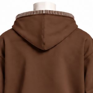 Winter Chocolate Brown Stitched Border Distressed Fleece <b>Oversized</b> Pullover <b>Hoodie</b> Contrast <b>Stitch</b> Kangaroo Pocket Casual - Product Image 4