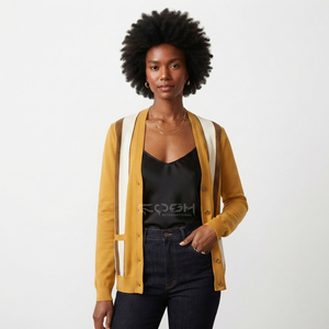 Cosh International Acrylic Sorority Sisterhood Custom Logo Winter Wear <b>Cardigan</b> <b>Sweater</b> Mustard Knitted Coat - Product Image 1