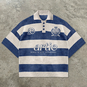 Chemise décontractée Artie pour homme à rayures, en toile respirante tricotée, manches courtes, logo brodé sur le devant, bleu et blanc, coupe classique - Product Image 5