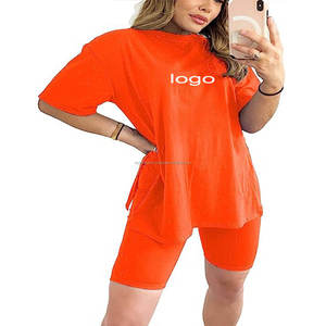 Custom Plain Cotton T Shirt Match With Tight Shorts Two Piece Outfits Summer Biker Shorts <b>Set</b> for Women - Product Image 1