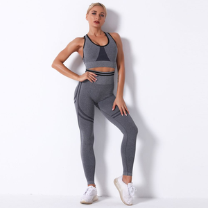 Seamless <b>Women</b> Yoga Set Sports Bra and <b>Leggings</b> 2 Piece Fitness Outfit Mid Waist Workout Wear Plaid Front Logo - Product Image 5