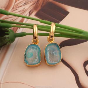 Boucles d'oreilles pendantes plaquées or avec agate drusy bleue, tranches de cristal naturel, pour femmes, vente en gros - Product Image 4