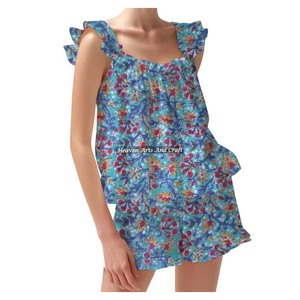 Vente chaude fille vêtements de nuit Shorts pyjama ensemble 100% coton tissu printemps/été Floral ajusté bretelles volants garniture manches PJ ensemble - Product Image 6