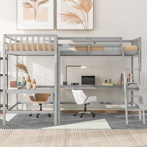 Cama Alta en Forma de L, Tamaño Individual, Color Gris, con Escalera y 2 Escritorios Integrados para Espacios Pequeños - Product Image 2
