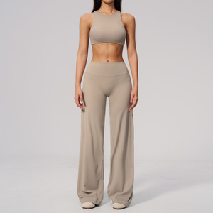 Ensemble de yoga uni pour femme, legging taille haute et crop top dos nageur, 2 pièces, tenue d'entraînement en Spandex et Polyester, sans couture, respirant - Product Image 4