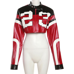 Women's Autumn Winter Button Zipper Closure Quick Dry Polyester/Cotton Moto Biker Crop <b>Jacket</b> - Product Image 4