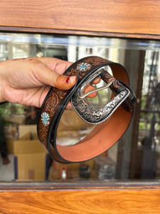 Cinturón de cuero genuino hecho a mano auténtico, cinturón floral pintado a mano occidental, cinturón de cintura Unisex de cuero mecanizado recién llegado - Product Image 2