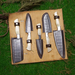 Juego de Cuchillos de Cocina de 5 Piezas de Acero de Damasco Forjado a Mano con Mango de Hueso y Bolsa de Cuero - Product Image 2