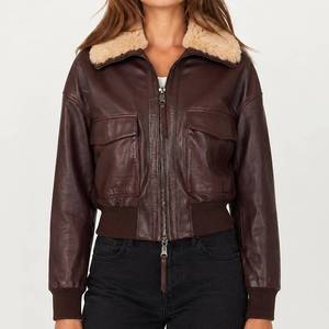 Veste de moto en cuir d'agneau bordeaux pour femme avec col en peau de mouton respirante - Veste en cuir bordeaux - Product Image 1