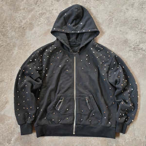 Sweat-shirts à capuche zippés en molleton 100 % coton de haute qualité, best-sellers, noirs unis, avec broderie personnalisée et entièrement ornés de strass pour hommes - Product Image 1