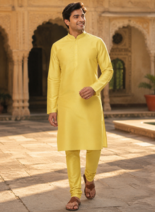 Wholesale <b>Mens</b> Yellow Silk <b>Kurta</b> Stand Collar Party Wear Top Fashion Traditional Ethnic Festival Long Shirt Custom - Product Image 4