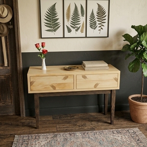 2 Drawer <b>Console</b> <b>Table</b> Leaf Motif Details Dark Tapered Legs Natural Solid Wood Entryway Sofa Side <b>Storage</b> <b>Table</b> Home Furniture - Product Image 4