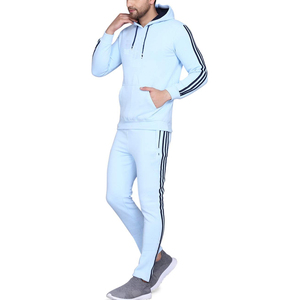 Ensemble de survêtement pour homme bleu clair à capuche, manches longues, couleur unie, vêtements décontractés, respirant, en polyester, avec poches latérales - Product Image 3