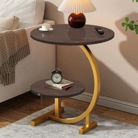 Table basse moderne en forme de C, plateau en faux marbre, double niveau, structure en métal noir, gain de place, durable, pour salon, chambre, maison