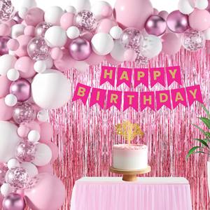 Kit de décoration d'anniversaire rose |   45 pièces de ballons à thème rose, rideaux en feuille d'aluminium et décoration de gâteau |   Décorations de fête d'anniversaire pour enfants et femmes - Product Image 1