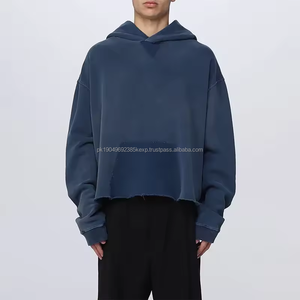 Custom mens spring oversized blank cropped <b>raw</b> hem hoodies acid washed <b>raw</b> edge hoodie no kangaroo pockets - Product Image 5