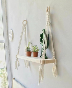 Étagère murale en macramé avec planche en bois de pin, support de plante suspendu bohème pour la décoration de la maison, thème feuillage pour le salon - Product Image 4