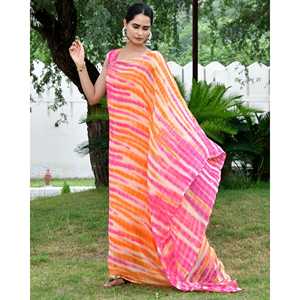 Vestido Kaftán Bohemio Largo con Rayas Naranjas Shibori, Cuello Asimétrico, Silueta Holgada, Talla XS, Transpirable para Ocio - Product Image 5