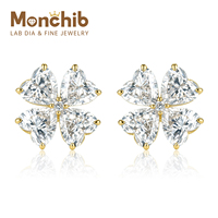 Boucles d'oreilles clous en or jaune 18 carats avec diamant de laboratoire taille cœur et trèfle à quatre feuilles pour femme