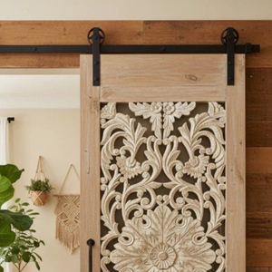 Puerta Corredera de Madera Maciza Blanca Lavada, Tallada con Motivos Florales, Hecha a Mano, de Lujo, para Entrada Interior Artística - Product Image 3