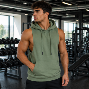 <b>Men</b> Sleeveless Hooded Zip-Up <b>Sweatshirt</b> Solid <b>Black</b> French Terry Casual Summer Fit Slim Regular Breathable Pocket Design - Product Image 1