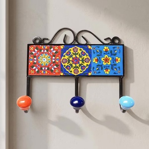 Vintage <b>Wall</b> Mounted Multifunction Hook Rack with 3 Colorful Ceramic Tile <b>Panels</b> and Floral Pattern for Home Decor - Product Image 2