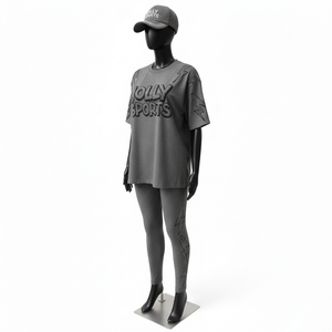 Ensemble femme : T-shirt ample en coton 200 GSM confortable et legging extensible en spandex gris avec panneau éclair et logo personnalisé - Product Image 3