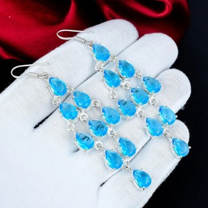 Boucles d'oreilles pendantes en argent sterling avec pierre précieuse topaze bleue, style bohème vintage, design géométrique, pour femmes, haute qualité - Product Image 2