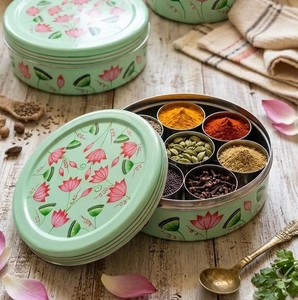 Vintage Style Printed Iron Masala <b>Box</b> Decorative Round Spice Organizer for Home Kitchen Designer <b>Floral</b> Print spice storage Use - Product Image 1