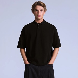 Polo de Manga Corta Negro para Hombre, Corte Regular, Color Sólido, Estilo Oxford Informal, Diseño Antiarrugas con Botones - Product Image 1