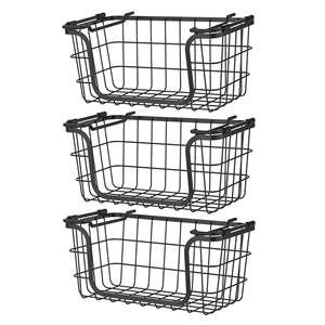 Set of 3 Black Metal Wire Storage <b>Baskets</b> <b>Stackable</b> Kitchen Pantry Bathroom Countertop Organizer Bins - Product Image 4