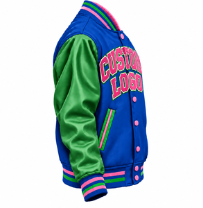 Custom Embroidery Winter Windproof Varsity <b>Jacket</b> <b>Men</b> Blue Green Pink <b>Letter</b> Logo Front Stand Collar Regular Fit Sporty Style - Product Image 3