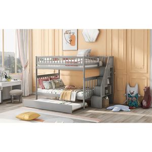 Lit superposé gris double sur double avec tiroir-lit et escalier, mobilier pour enfants - Product Image 4