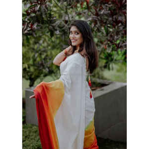 Ropa de fiesta amarilla y roja Saree de impresión digital de lino - Product Image 2