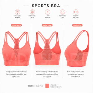 เสื้อชั้นในกีฬาผู้หญิง Wida Sports แบบซัพพอร์ตสูง น้ำหนักเบา ไร้ตะเข็บ ผ้าตาข่าย ระบายอากาศได้ดี ซับเหงื่อ โลโก้ด้านหน้า OEM Activewear สายไขว้ - Product Image 5