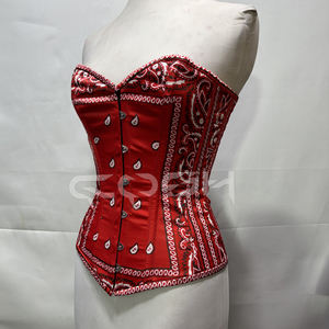 Corsé Overbust de Moda Urbana con Estampado de Bandana Roja y Cierre de Varillas de Acero, Top Entallador de Cintura de Satén con Estampado Paisley Gótico - Product Image 4