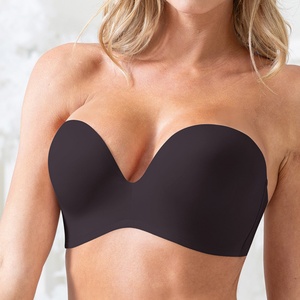 Sujetador sin tirantes push-up con aros, copa 3/4, sin costuras, negro, para mujer, todas las estaciones, color liso, elastano/nailon, cierre trasero en Y - Product Image 1