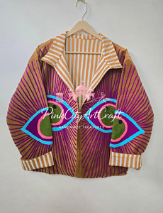 Veste matelassée en velours tissé respirant faite à la main avec broderie œil porte-bonheur en points de chaînette, style bohème, coupe oversize, pour l'hiver - Product Image 4