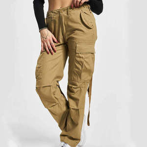 Women's High Waist Cargo <b>Pants</b> Solid Pink Canvas Casual Full Length With Pockets Spring Style Regular Fit Button Fly - Product Image 2