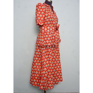 Robe midi pour femme en coton indien imprimé à la main, col en V, manches courtes, coupe trapèze, idéale pour les fêtes, les vacances d'été à la plage - Product Image 5